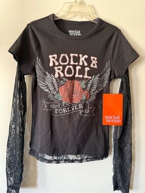 Social Scene Black Rock & Roll Lace-Sleeve Long Sleeve Tee
